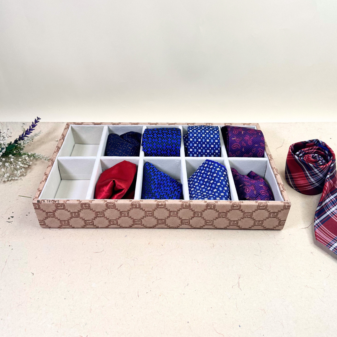 Tan leatherette 10-slot tray for organizing ties and pocket squares